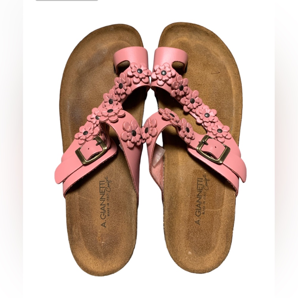 A Giannetti Pink Floral Leather Sandals Cork Wedge Toe Loop Italy Womens 8